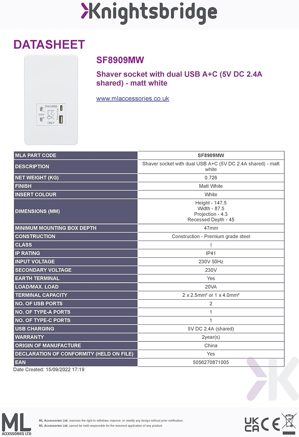 Knightsbridge Schraubenlose Rasiersteckdose mit Dual-USB A+C (5 V DC 2,4 A geteilt) – Mattweiss, Mat