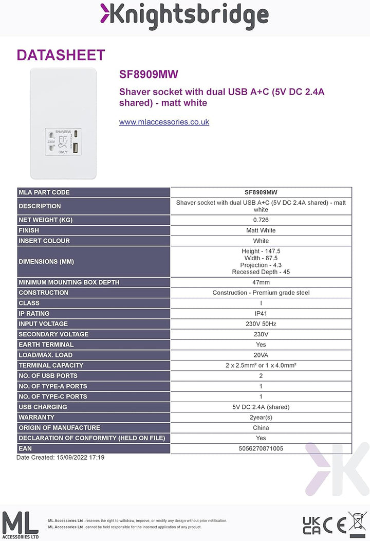Knightsbridge Schraubenlose Rasiersteckdose mit Dual-USB A+C (5 V DC 2,4 A geteilt) – Mattweiss, Mat