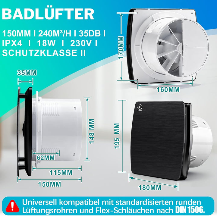 XIIW Badlüfter 150mm mit Nachlauf, 18W Leiser Abluftventilator Lüfter mit Rücklaufklappe, Effiziente