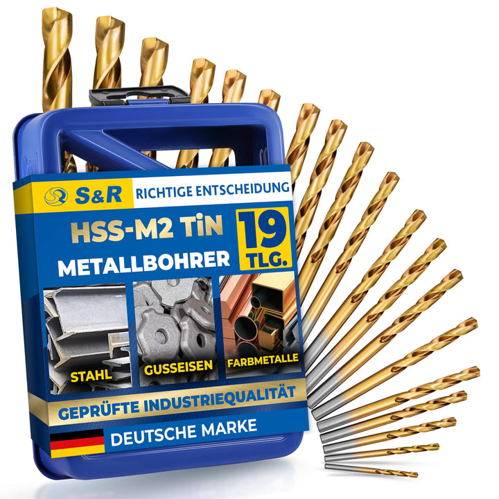 S&R Metallbohrer Set 19 Stk 1,0-10 mm in Industrie-Qualität, HSS-G TITANIUM Stahlbohrer, extra hohe
