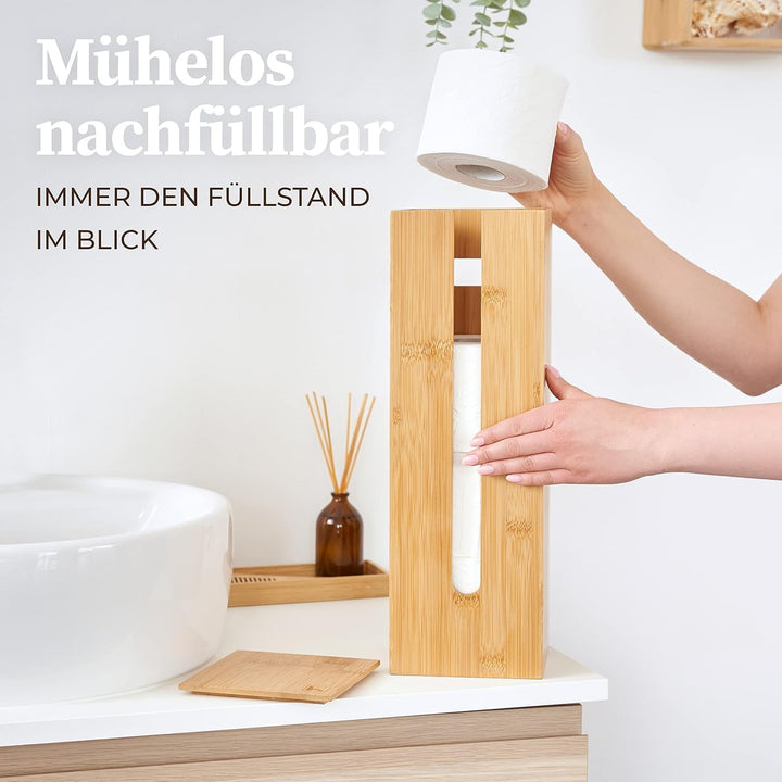 HENNEZ Toilettenpapier Aufbewahrung Bambus 4 Rollen Klopapier mit Deckel & Ablage Ersatzrollenhalter