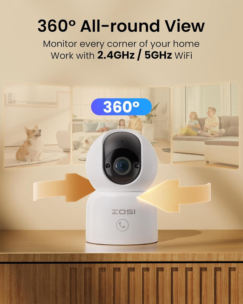 ZOSI 2K WLAN Überwachungskamera Innen, 360° Schwenkbare Kamera Indoor für Baby, 2,4/5Ghz WiFi, KI Pe