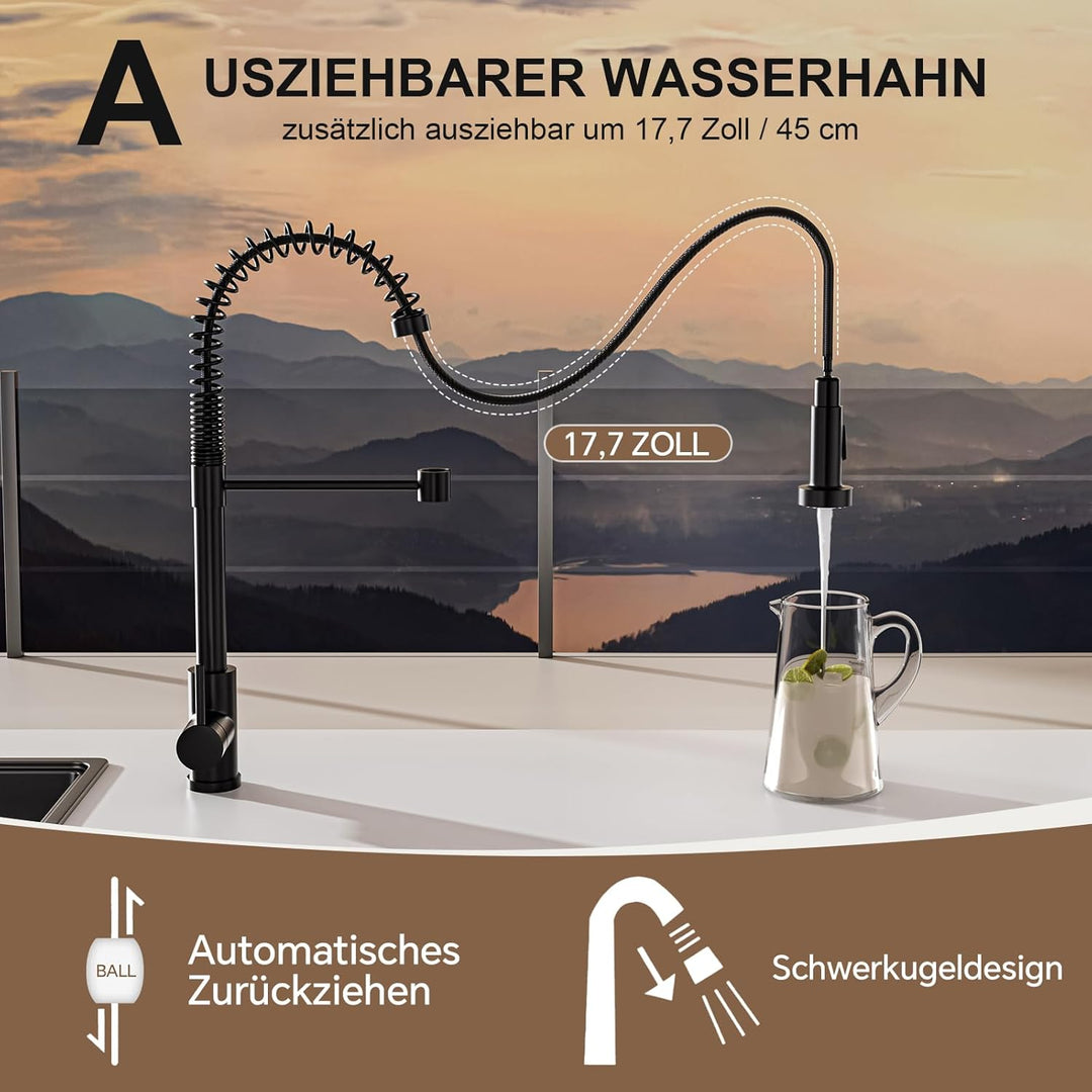 Spiralfeder Wasserhahn Ausziehbar, Hochdruck Küchenarmatur mit Brause, mit 2 Strahlarten, 360° Drehb