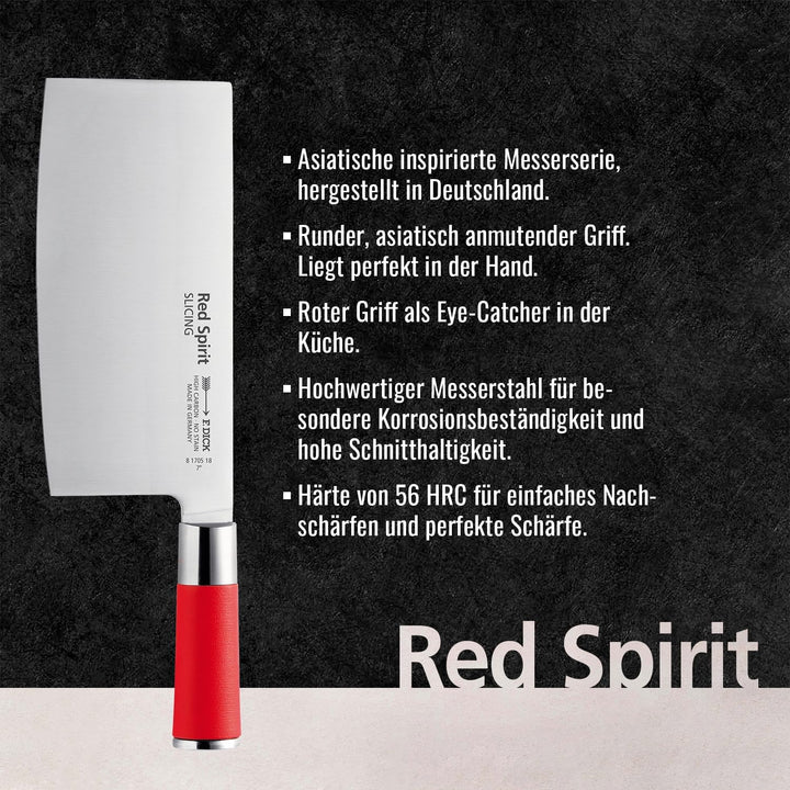 F. DICK Chinesisches Kochmesser, Red Spirit (Messer mit Klinge 18 cm, X55CrMo14 Stahl, nichtrostend,