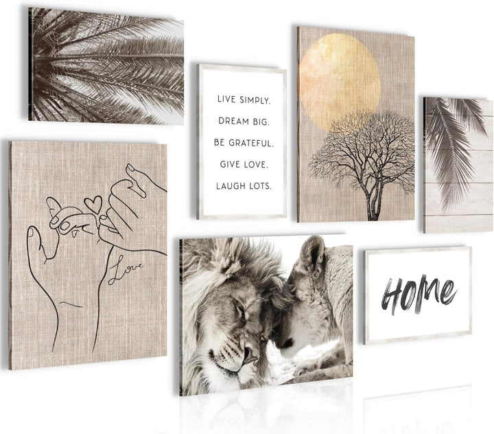 Novart Wandbilder Löwen Liebe Home - KOMPLETT AUFHÄNGFERTIG - Beige Wohnzimmer Schlafzimmer- 7 Moder
