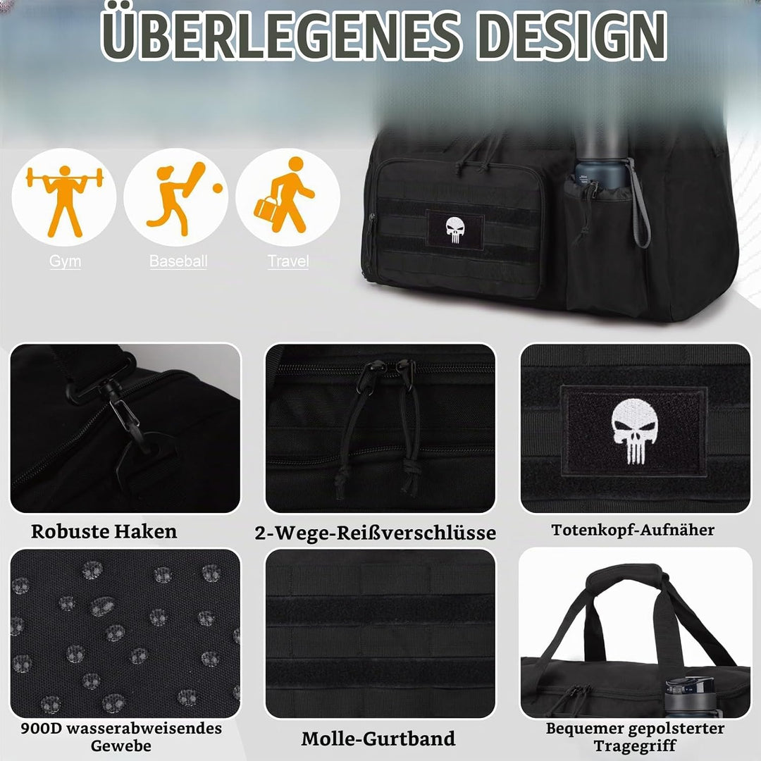Taktische Sporttasche für Herren, 60L grosse Reisetasche mit Schuhfach, Sporttasche mit Nassfach, Mu