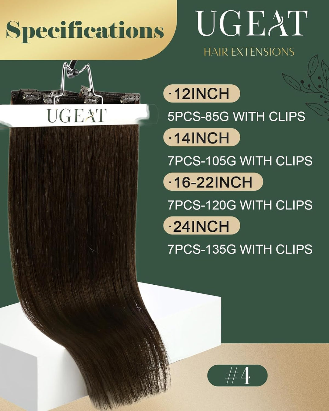 Ugeat Braun Clip in Extensions Echthaar Einzelne 55cm Haar Extensions Echthaar Clip Dunkelbraun Farb