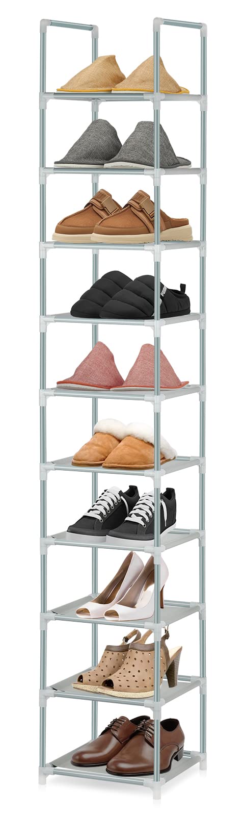 Voency Schuhregal mit 10 Ebenen, schmal hoch Schuhschrank, freistehender, stapelbarer Schuhregal-Org