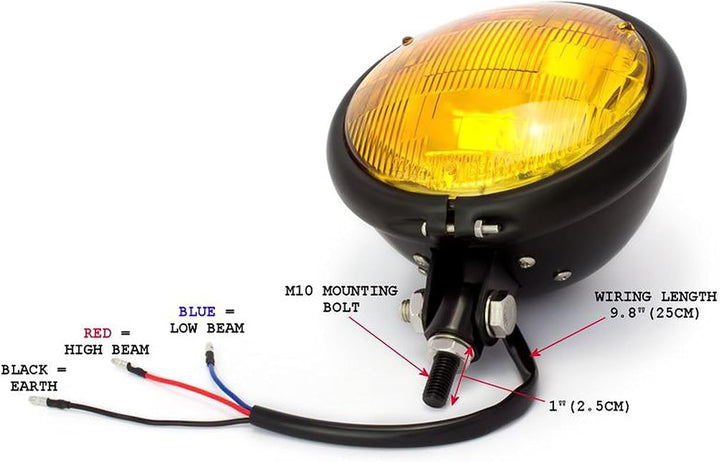 Schwarze Frontscheinwerfer Motorrad mit Gelben Linsen 5.75" 12V 55W Bates Optik - Metallgehäuse