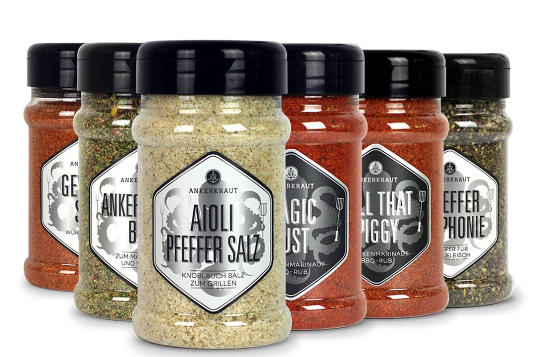 Ankerkraut Grill Set mit 6 Streuern, mit Premium-Gewürzmischungen und BBQ-Rubs, Geschenk-Set mit Sal