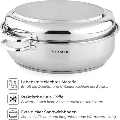 KLAMER Bräter mit Deckel 41 cm, backofengeeignet, 8,5L XXL Bräter mit Deckel, mit 4L Deckelpfanne, f