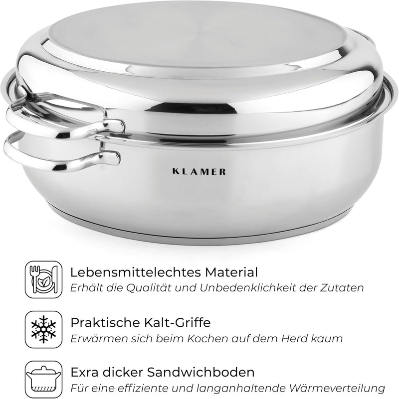 KLAMER Bräter mit Deckel 41 cm, backofengeeignet, 8,5L XXL Bräter mit Deckel, mit 4L Deckelpfanne, f