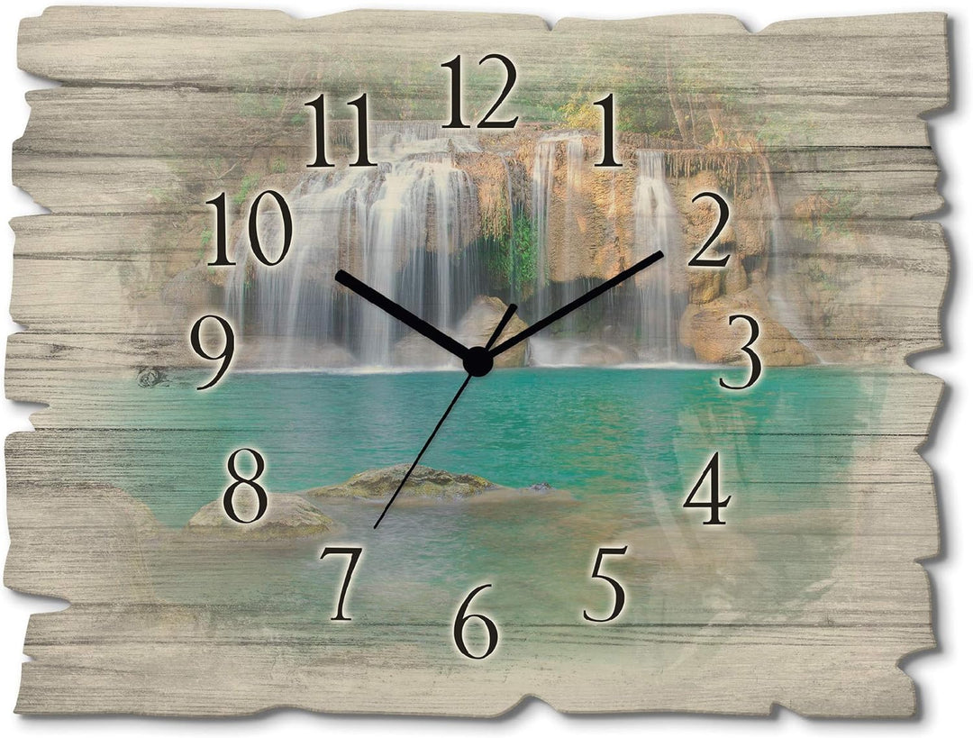 ARTLAND Wanduhr ohne Tickgeräusche aus Holz Quarzuhr 40x30 cm Rechteckig Lautlos Wasserfall Landscha