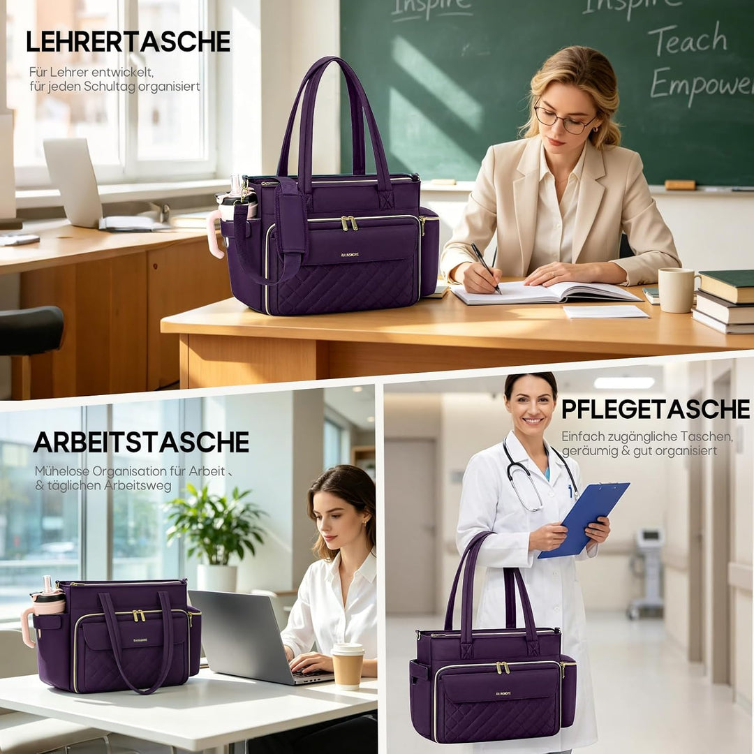 RAINSMORE Lehrertasche Damen Gross Laptoptasche, 15,6 Zoll, Lila | Arbeitstasche Isolierfach und Gro
