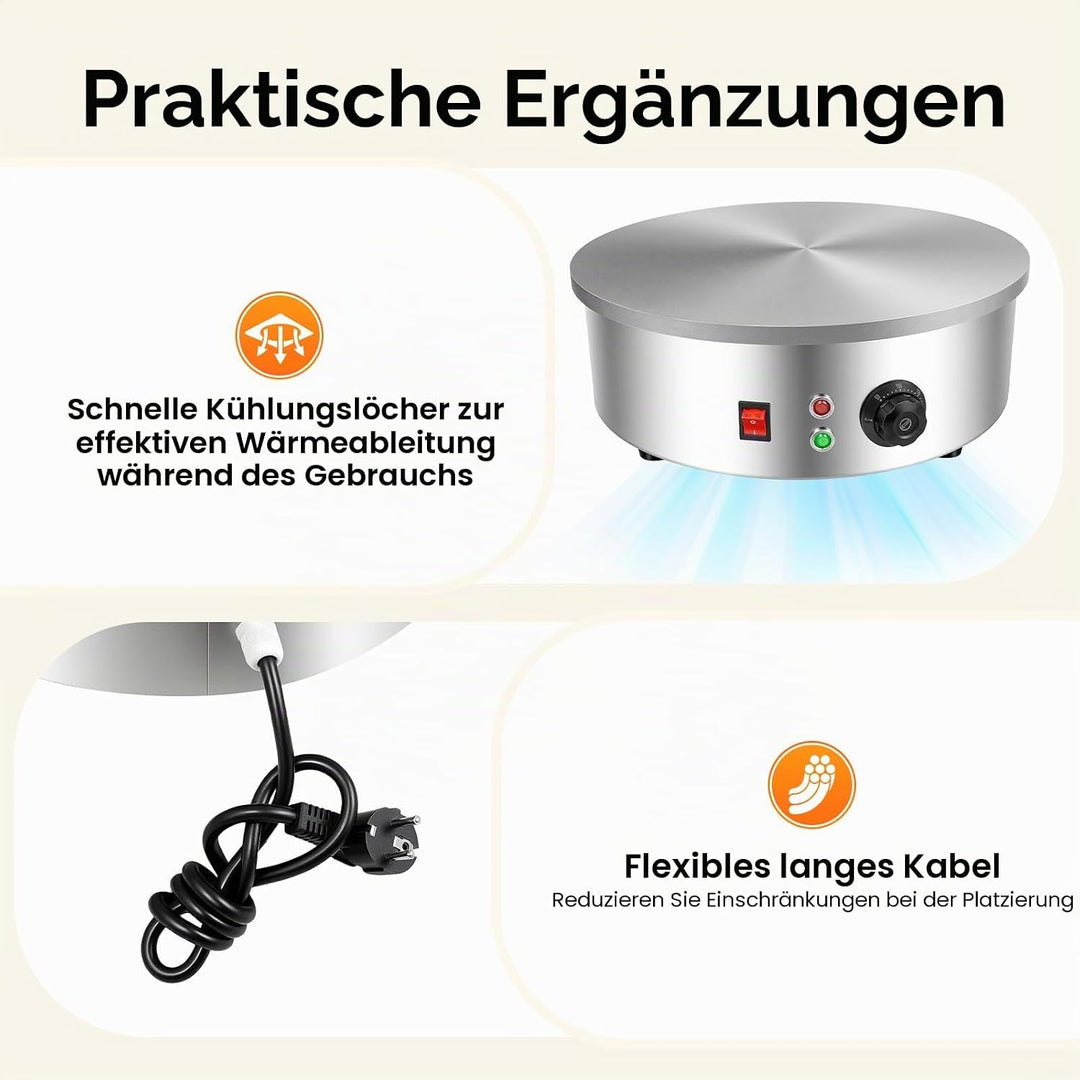 220V 3000W Crepegerät Crêpes Maker mit Spatel und Teigschaber, 45cm Platte Gastro Crepesmaker Profi