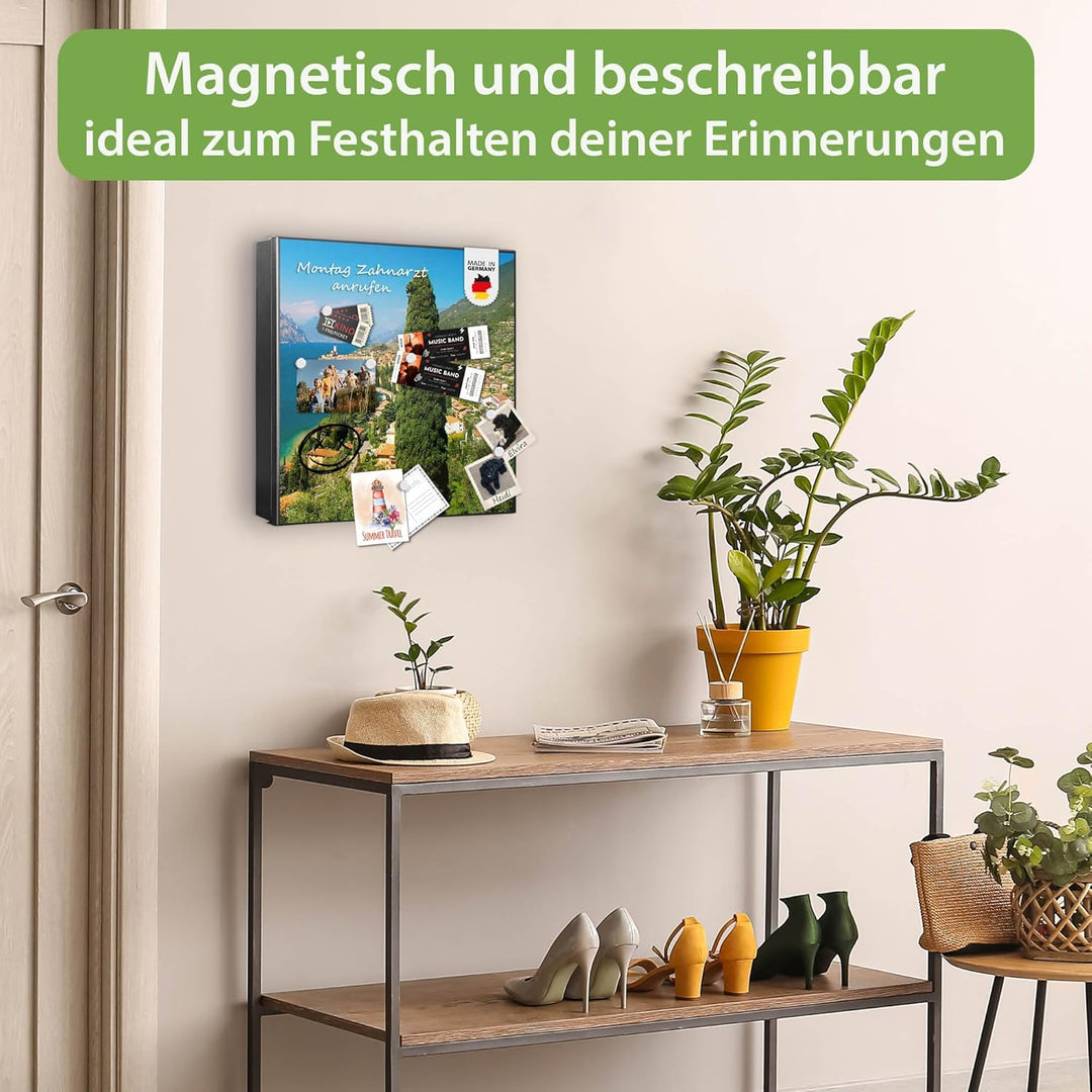 banjado® Grosser Schlüsselkasten Glas/Schlüsselbox 30cm x 30cm mit 50 Haken - Motiv Gardasee/Schlüss