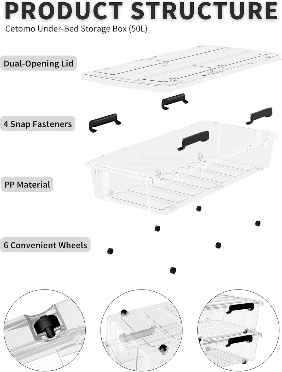 Cetomo,50L,4er-Pack, Aufbewahrungsbox mit deckel,Aufbewahrungsboxen, mit Clips, stapelbar, Wohnzimme