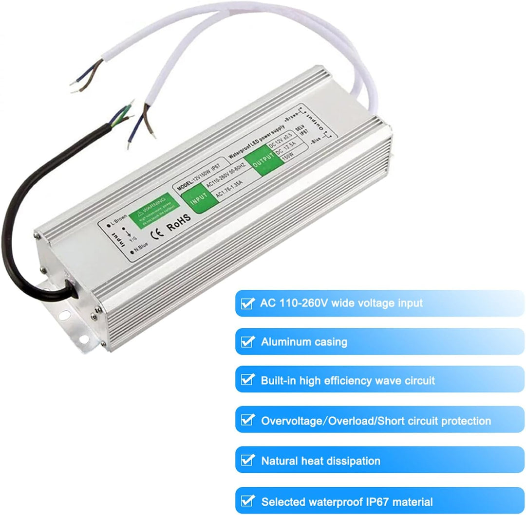 LED Trafo 12V 150W 12.5A DC Konstant Spannung LED Netzteil Ultradünn Outdoor IP67 Wasserdicht 230V a