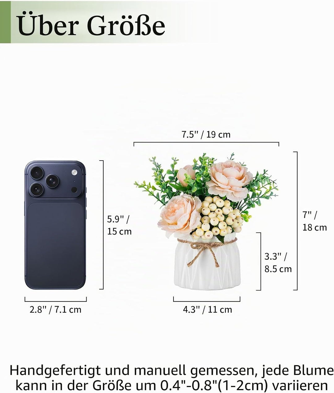 BLOSMON Kunstblumen im Topf Deko: 2 Stück Mini Champagner Künstliche Rosen Künstlich Blumen mit Vase