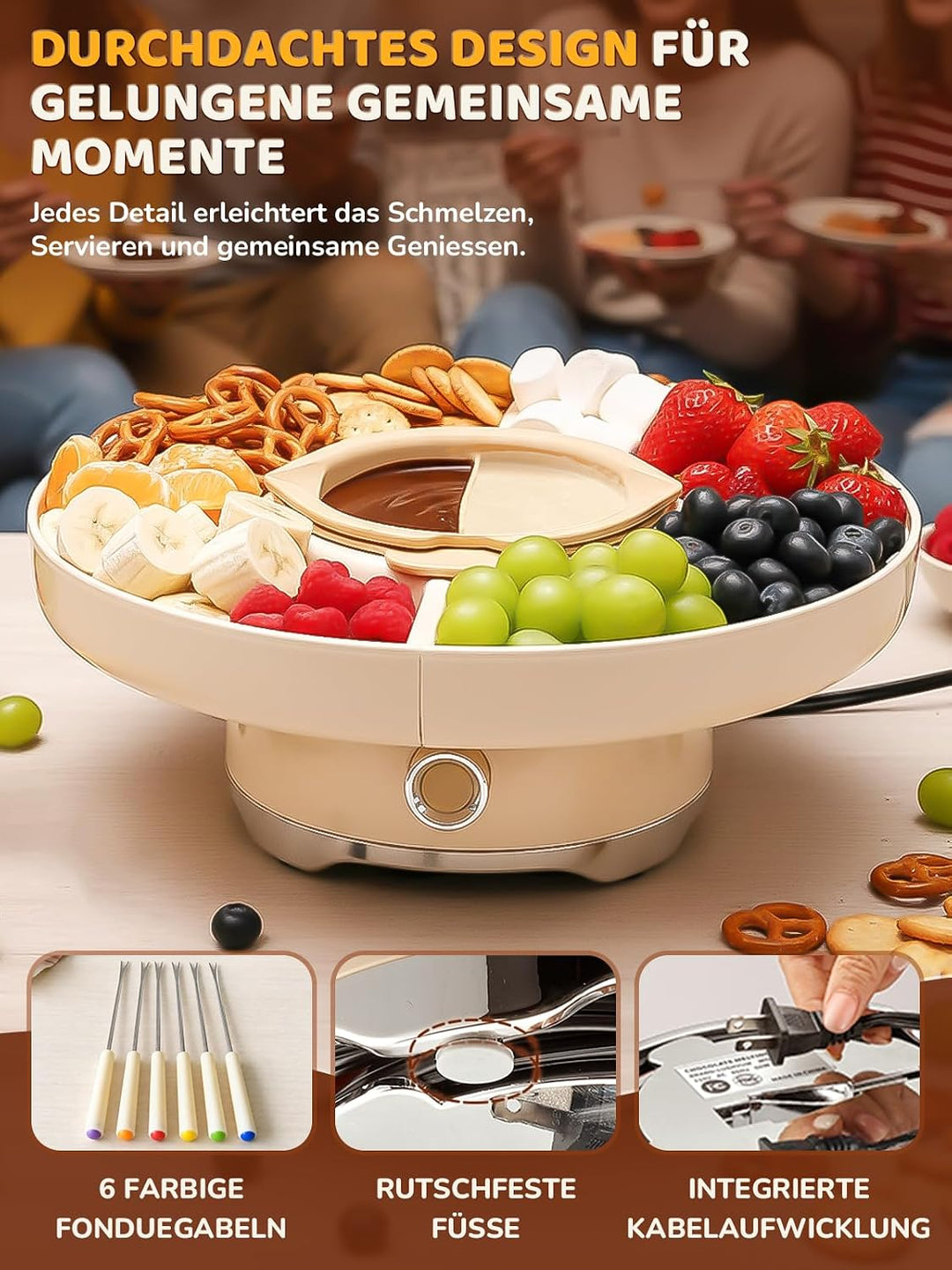 Schokofondue Set elektrisch, 800 ml Schokoladenschmelzer mit drehbarer Servierschale Fondueset, 4 Fä