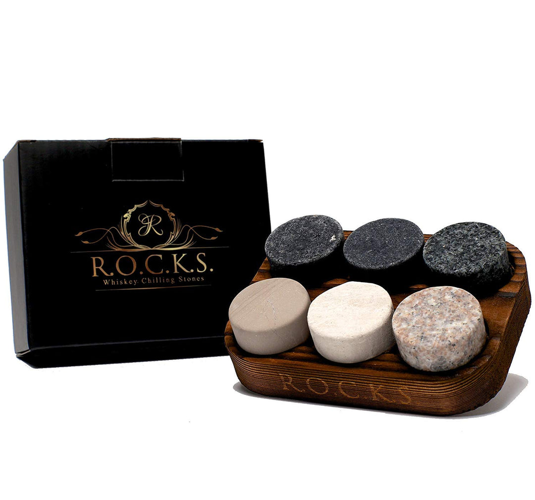 Whiskey Steine Geschenkset- 6 Handgefertigte Premium-Granitsteine - Präsentations & Aufbewahrungssch