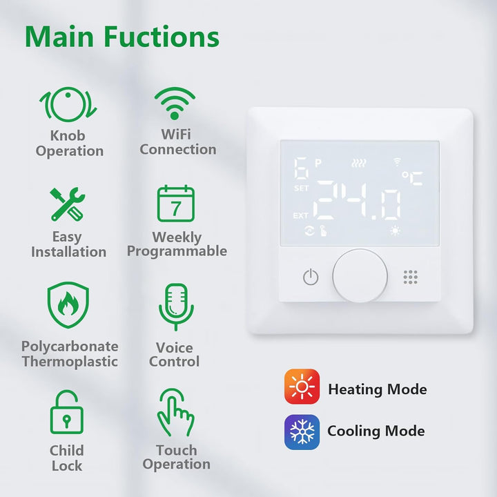 Wengart WLAN-Heizthermostat WG510,Drehen zum Einstellen der Temperatur, Heiz- und Kältemodi einstell