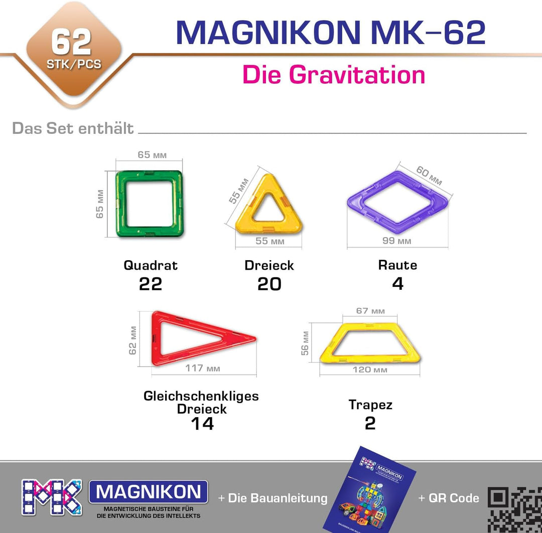 MAGNIKON Magnetische Bausteine Die Gravitation 62 Teile - Kinderspielzeug ab 3 Jahre, Magnete Kinder
