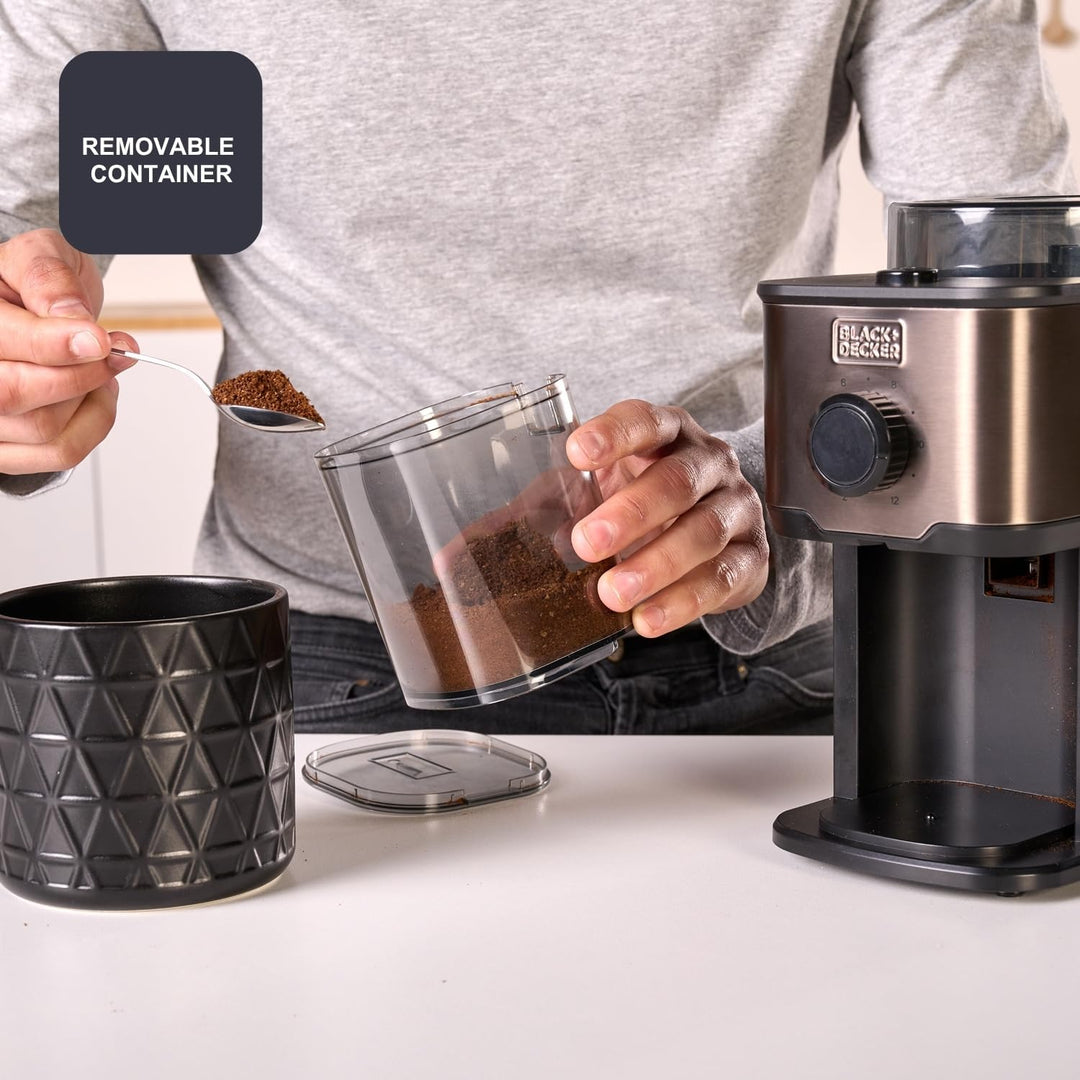 Black+Decker - Kaffeemühle BXCG151E | 150W Leistung | 14 Mahlgrade | 200g Behälter | Edelstahl-Anti-