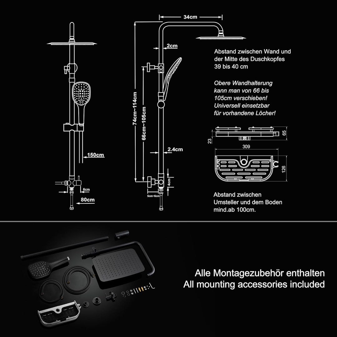 JOHO XXL Regendusche Duschsystem aus 304 Edelstahl mit Ablage, Schwarz Duschset ohne Duscharmatur mi