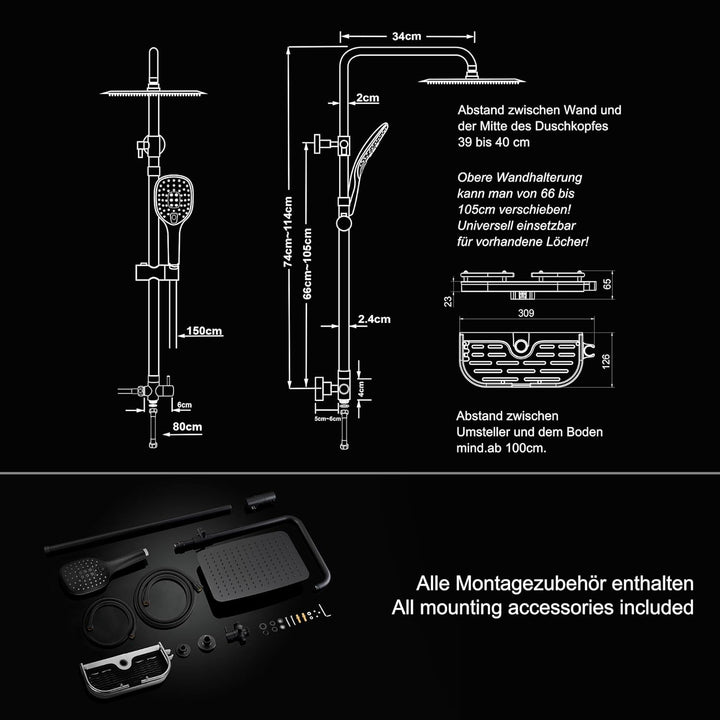 JOHO XXL Regendusche Duschsystem aus 304 Edelstahl mit Ablage, Schwarz Duschset ohne Duscharmatur mi