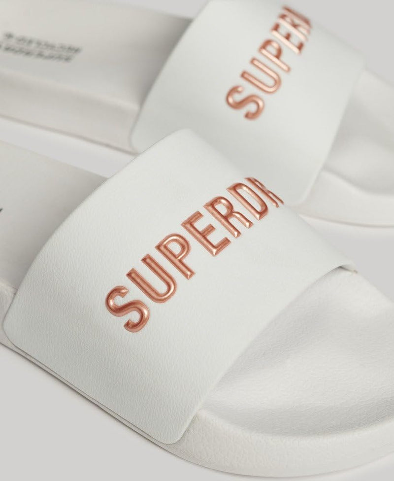 Superdry Damen Code Logo Vegan Pool Slide Flipflop L Weiss Metallic Rosé, L Weiss Metallic Rosé