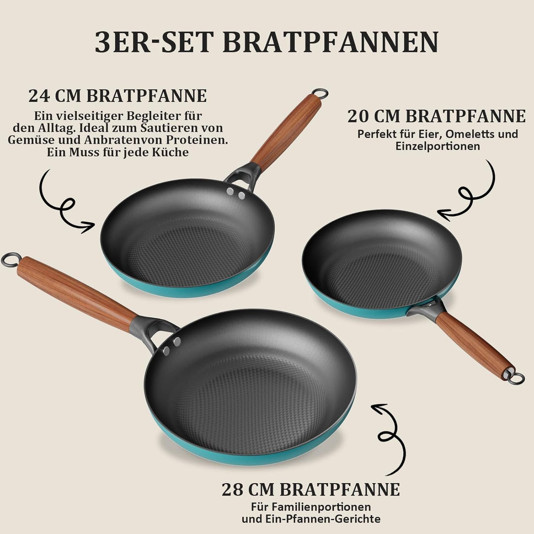YUTANN Gusseisenpfannen Set 3-teilig, Vorgewürzt Bratpfannen aus Massivem Gusseisen, Pfannen Ø 20, 2