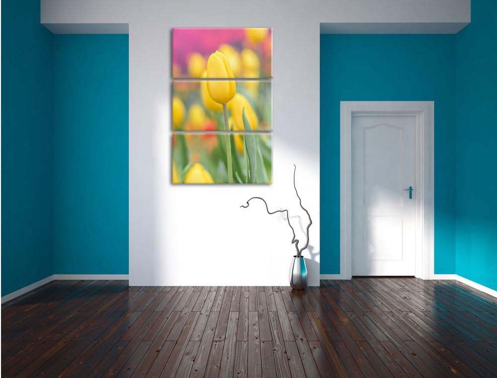 Pixxprint Gelbe Tulpen im Frühling als Leinwandbild/Grösse: 3 Teilig (120x80) cm/Wandbild/Kunstdruck