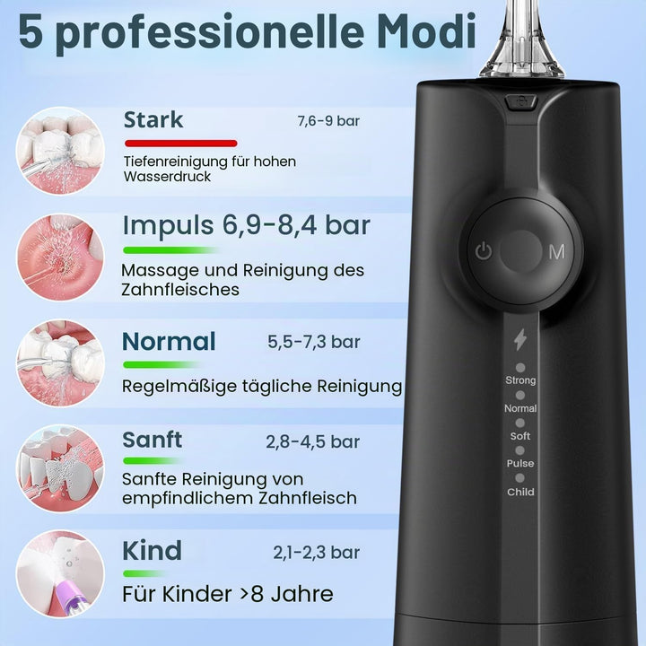 Munddusche, tragbar, Wasserfloss, Munddusche 5 Modi und 8 Düsen, Tank 300 ml, USB aufgeladen, wasser