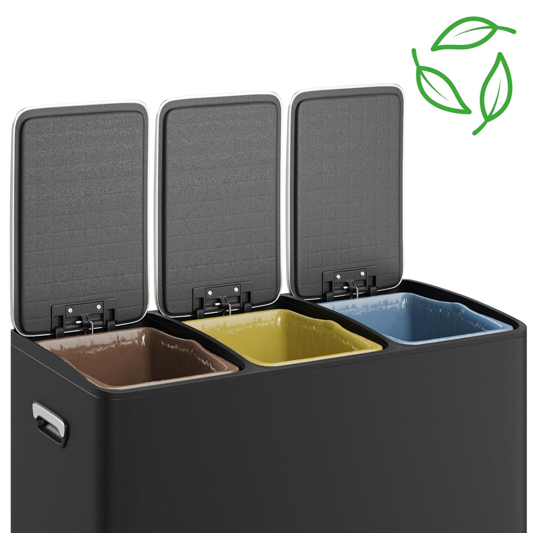 WELLGRO Treteimer, Mülleimer, Edelstahl Tretmülleimer mit 3 x 15 Liter, klappbaren Fusspedalen, Abse