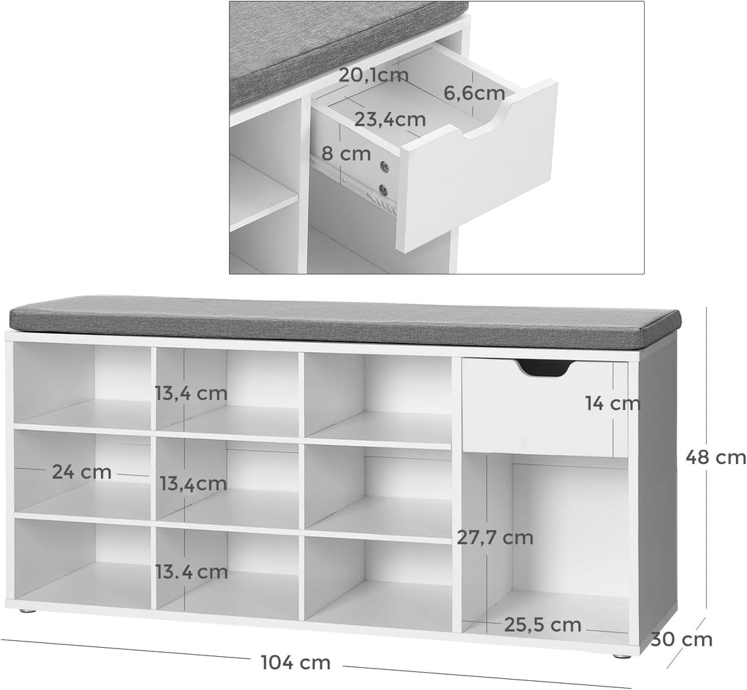 VASAGLE Schuhbank, Schuhregal mit Schublade und offenen Fächern, Sitzbank, gepolsterter Sitz, Flur,