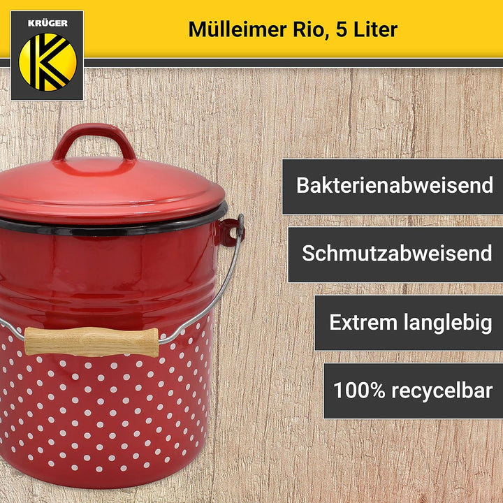 KRÜGER Mülleimer mit Deckel - Stahl Abfalleimer mit Emaille-Beschichtung und Holzgriff - schnitt- un