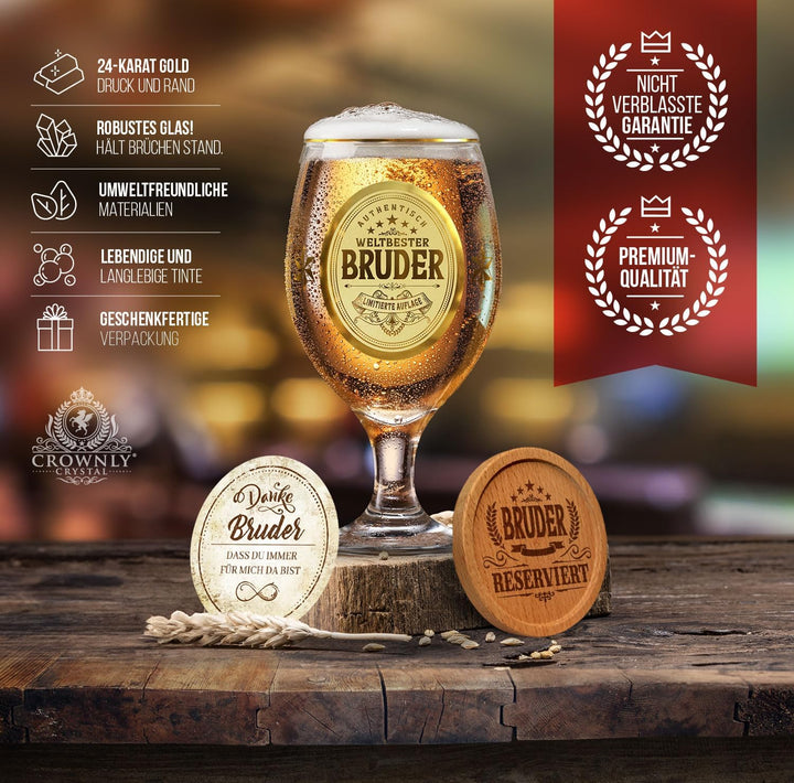 CROWNLY CRYSTAL® Personalisiertes Bierglas Mit Gravur - Geschenk für Bruder Zum Geburtstag - Männerg