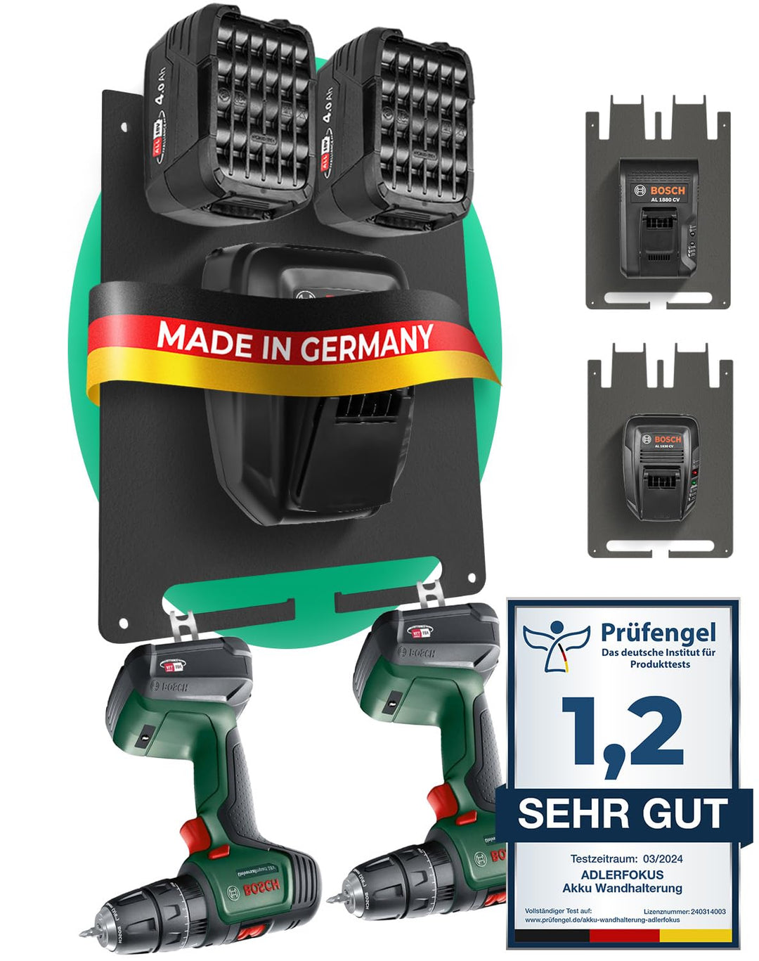 Wandhalterung für Bosch Power-for-All Akkus & Ladegeräte [Made in Germany] Bosch Akkuhalter mit Prem