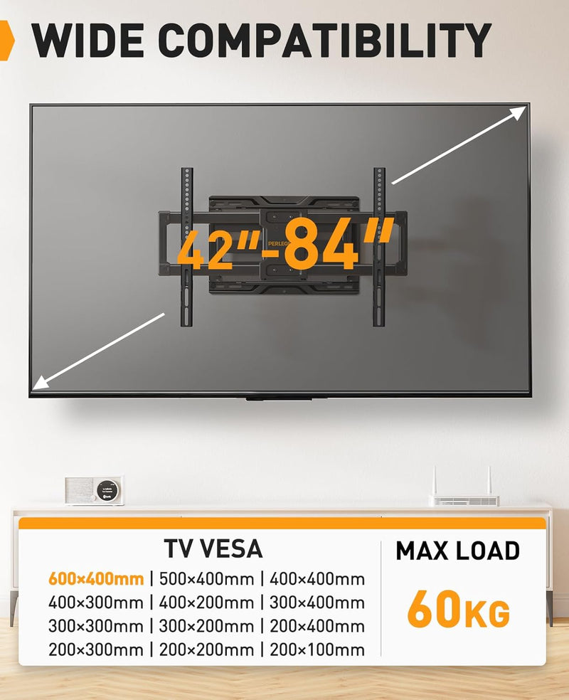 Perlegear TV Wandhalterung für 37-84 Zoll TV bis 50kg, Fernseher Schwenkbar Werkzeugfreier Neigbar,