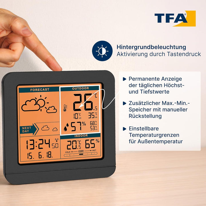 TFA Dostmann SKY Funk-Wetterstation, 35.1152.01,Wetterstation Funk mit Aussensensor, Wettervorhersag