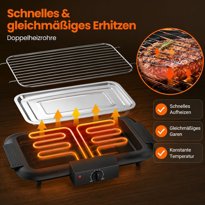Elektrogrill Tischgrill 2000W Rauchfrei Kompakt Balkon Küche Schwarz | 2000W Schnelles Aufheizen, Vo