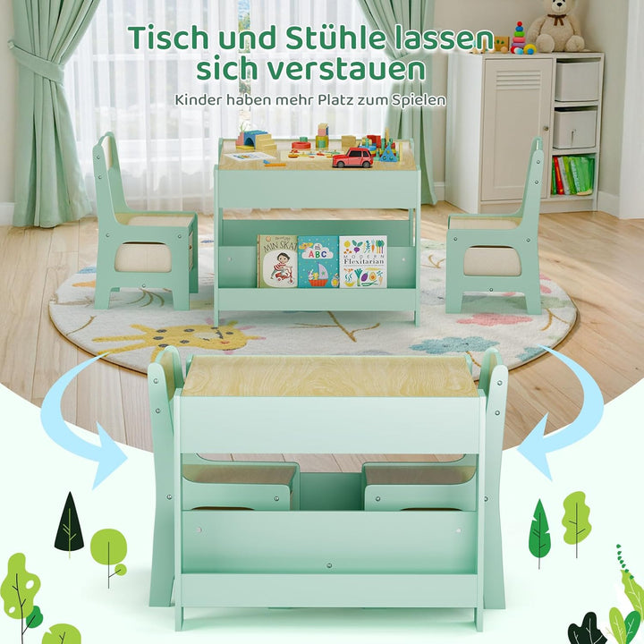 MAMIZO Kindertisch mit 2 Stühlen, 3 in 1 Kinder Tisch Stuhl Set, Kindermöbel Set aus Holz mit Staura