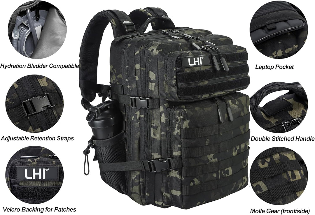 LHI Militärstil Taktischer Rucksack 45L mit MOLLE-System – Wasserdicht für Wandern, Survival, Campin