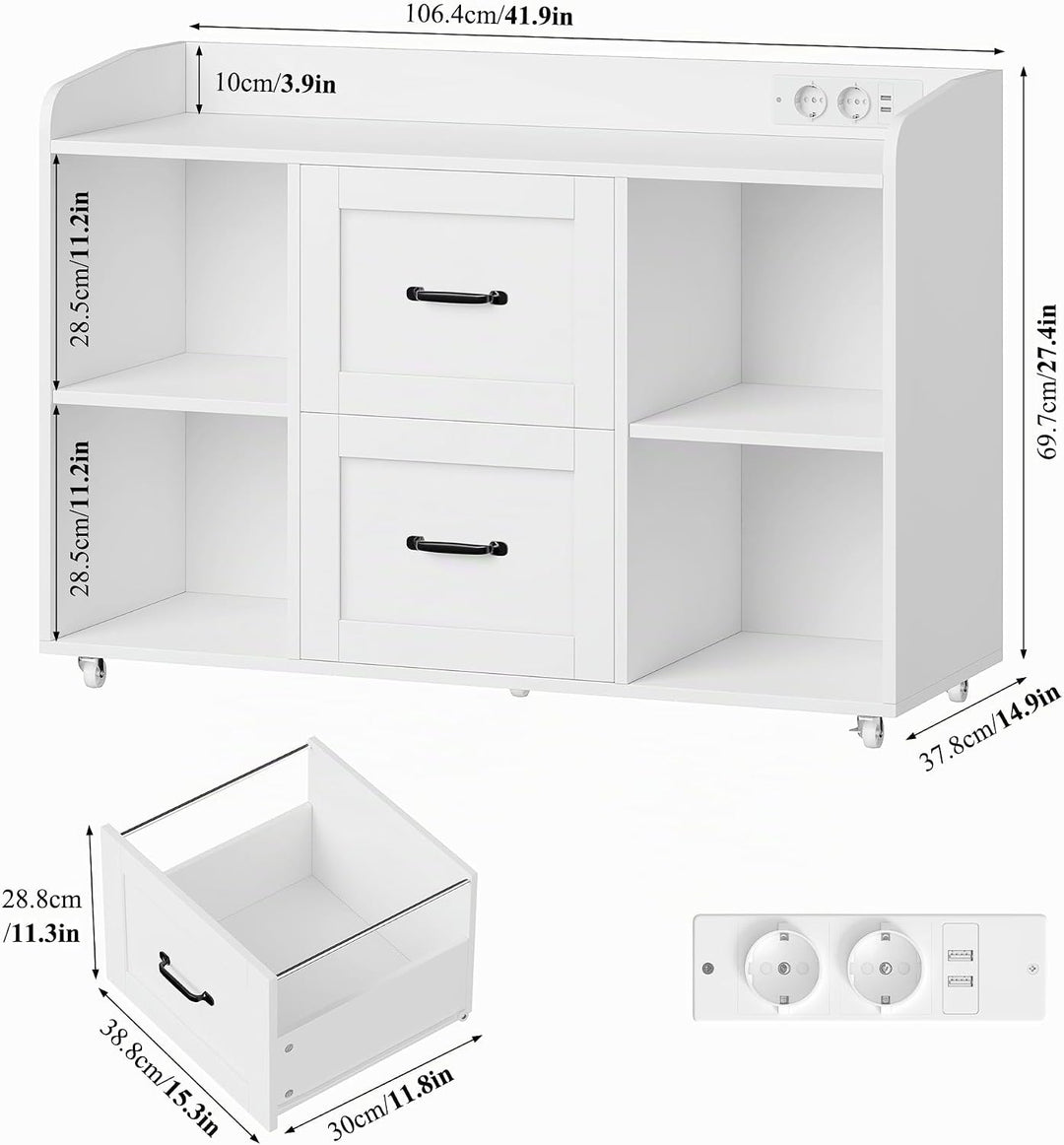 HOCSOK Aktenschrank, Rollcontainer mit Steckdosen, Schubladenschrank mit Rollen, 108*37.8*76, 5 Roll