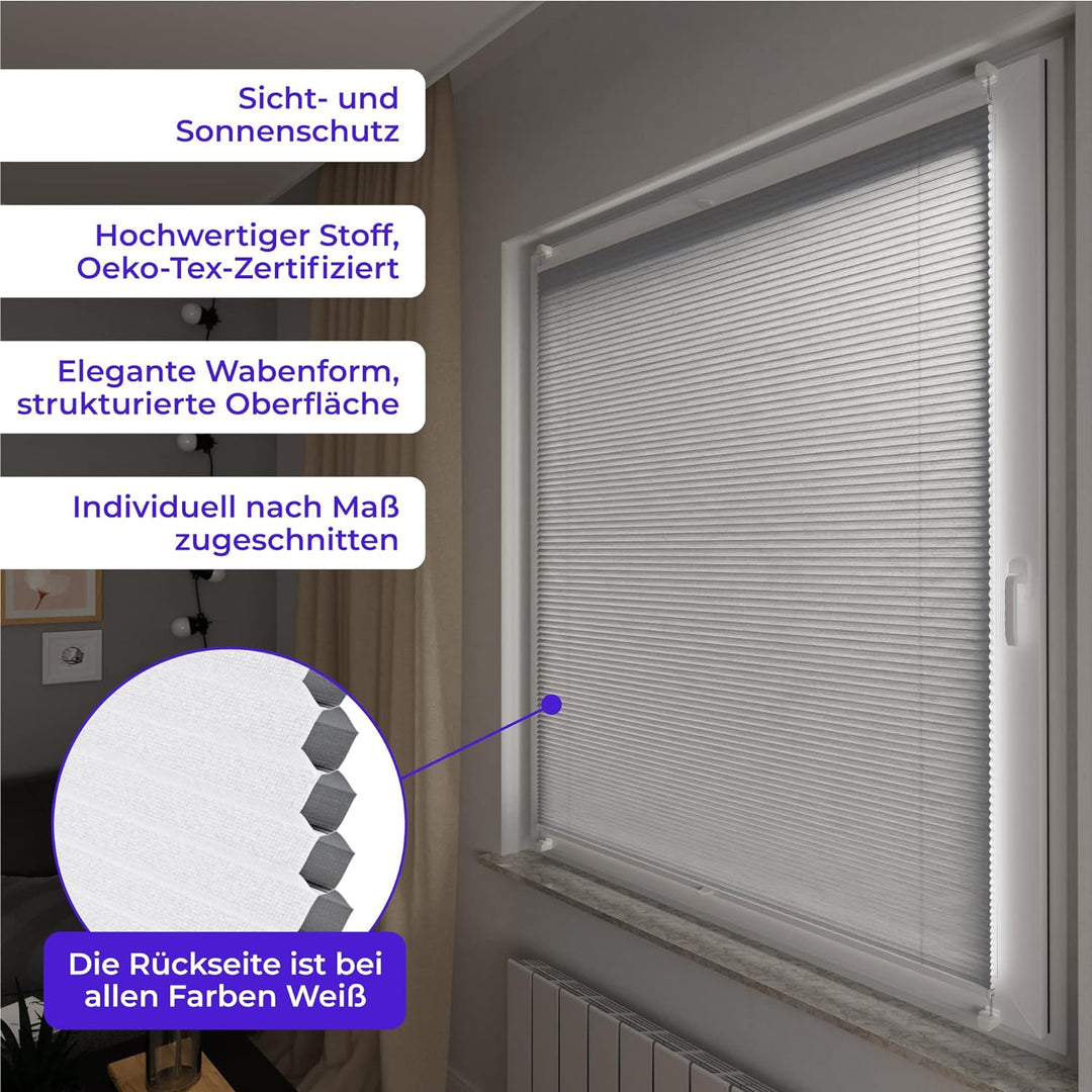 SchattenFreude Wabenplissee nach Mass für Fenster & Tür | Mit Klemmhaltern, Klemmfix | Lichtdurchläs