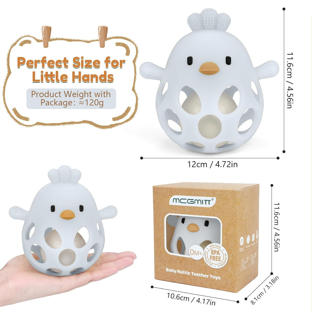 MCGMITT Baby Greifball Beissring aus BPA-freiem Silikon – Hühnchen-Rasselspielzeug Sensorik Motorik