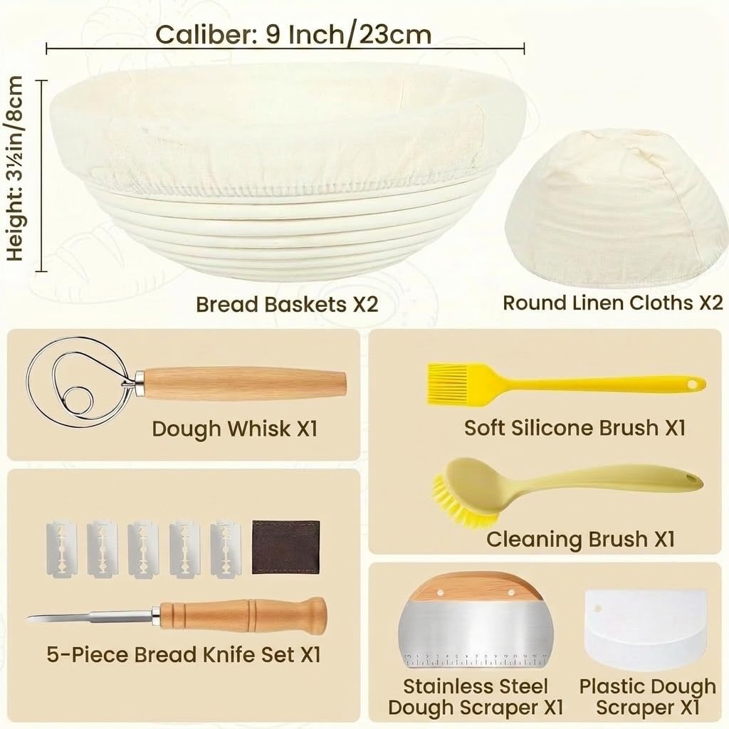 Kobete Gärkörbchen Rund Set, 2 x 23cm Runde Brotkörbchen | Gärkorb Rund zum Brotbacken aus Natürlich