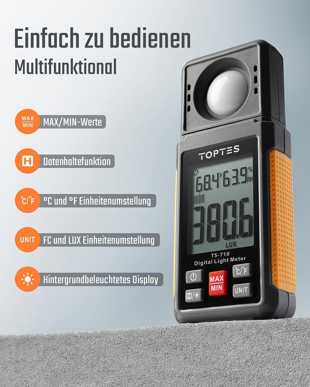 TopTes TS-710 Luxmeter mit 180º drehbarem Sensor, 0-200.000 Lux Lichtmessgerät mit Grosses Backlit L