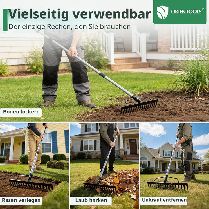 ORIENTOOLS Gartenrechen, schwere Ausführung, 44 cm Breite, 160 cm Stiellänge, 1,7 kg für Boden locke